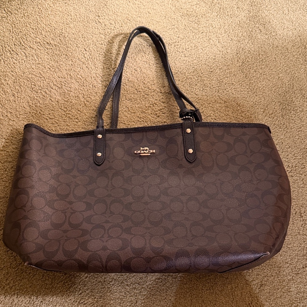 Coach Dark Brown Signature Canvas Tote with Gold Logo